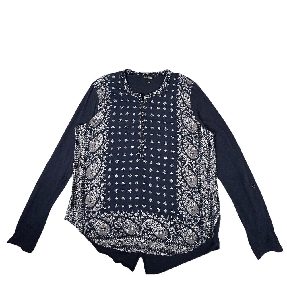 Lucky Brand Border print long sleeve jersey knit tunic navy blue Sz L Boho